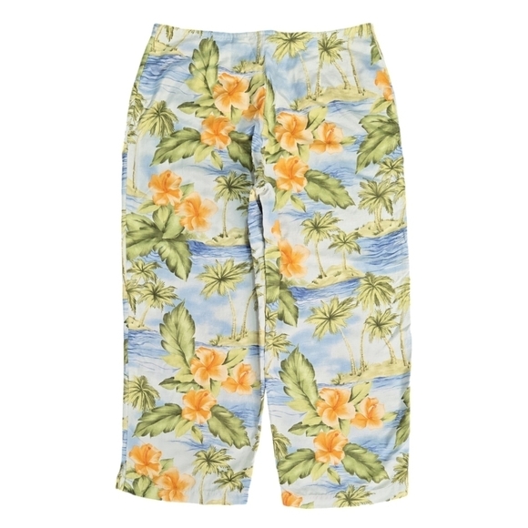 Tommy Bahama 100% Silk Tropical Floral Palm Cropped Pants Beachy Hawaii - Picture 3 of 9